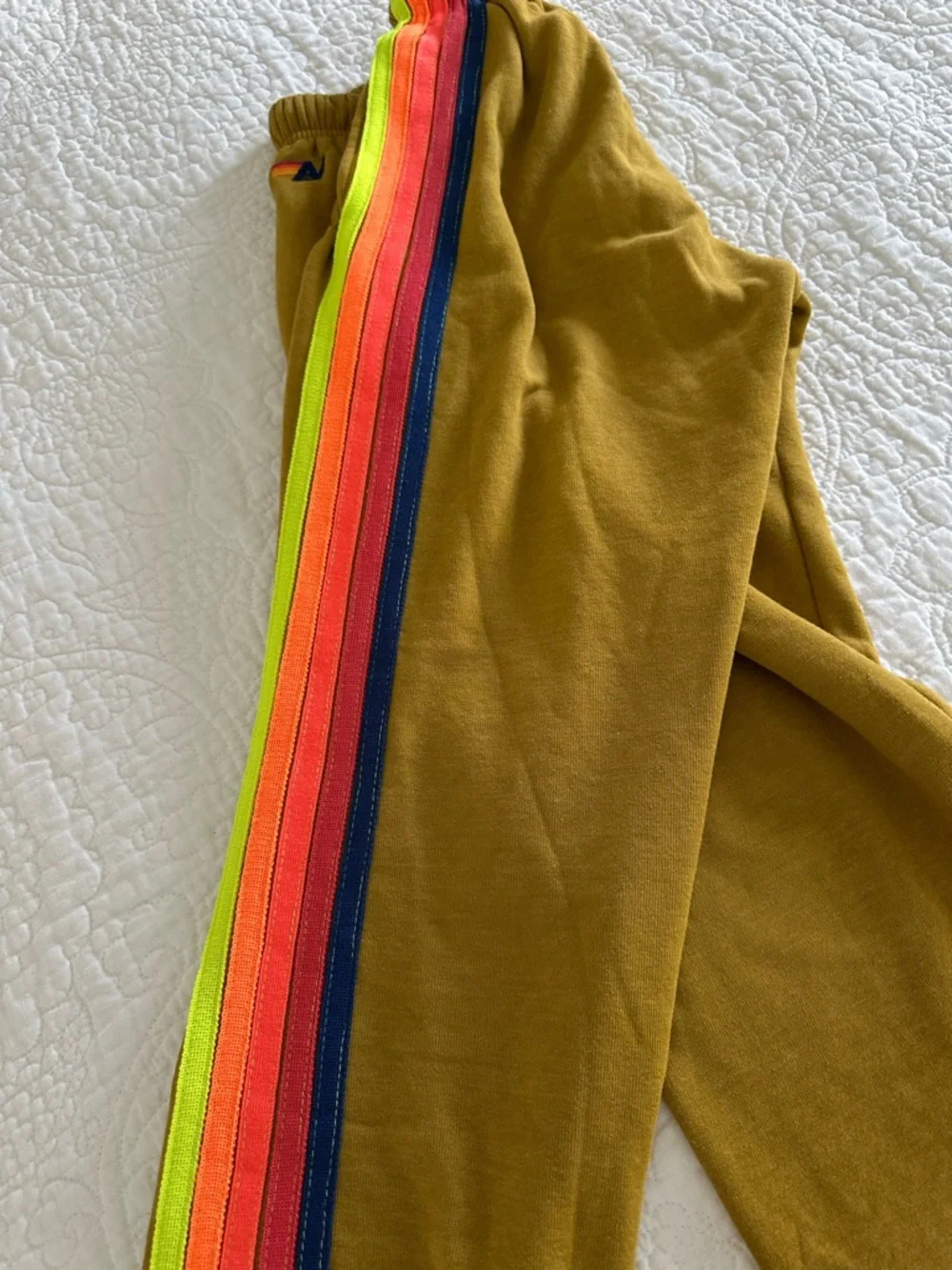 Aviator Nation Mustard Sweatpants with Neon Rainbow Side Stripes size Small S - Picture 2 of 3
